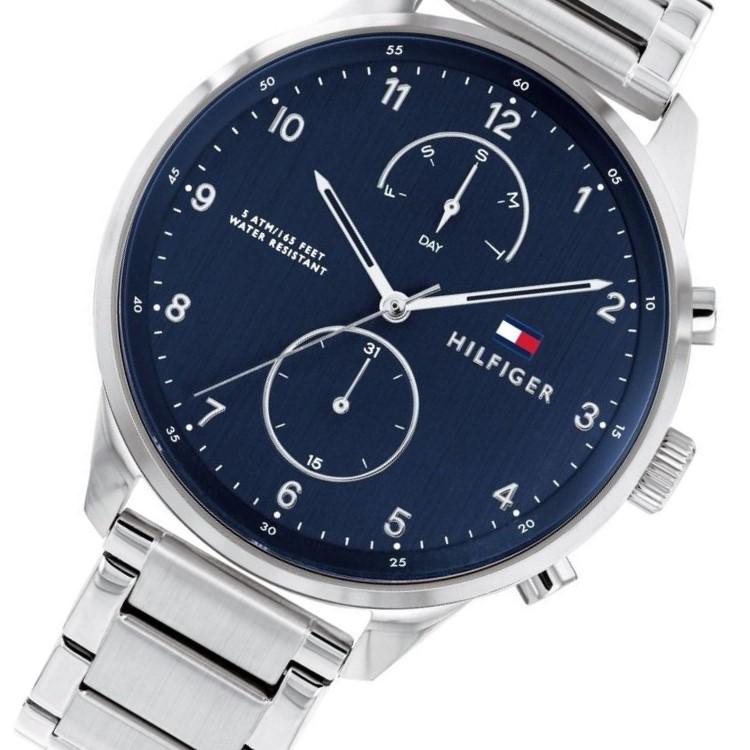 Close-up of Tommy Hilfiger Classic navy dial with chronograph subdials and Tommy Hilfiger logo