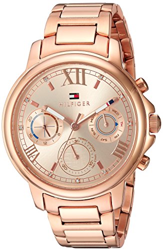 Tommy Hilfiger Claudia watch angled view showing rose gold bracelet and chronograph dial detail