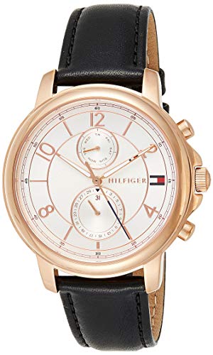 Angled view of Tommy Hilfiger Claudia watch showing white dial and black leather strap
