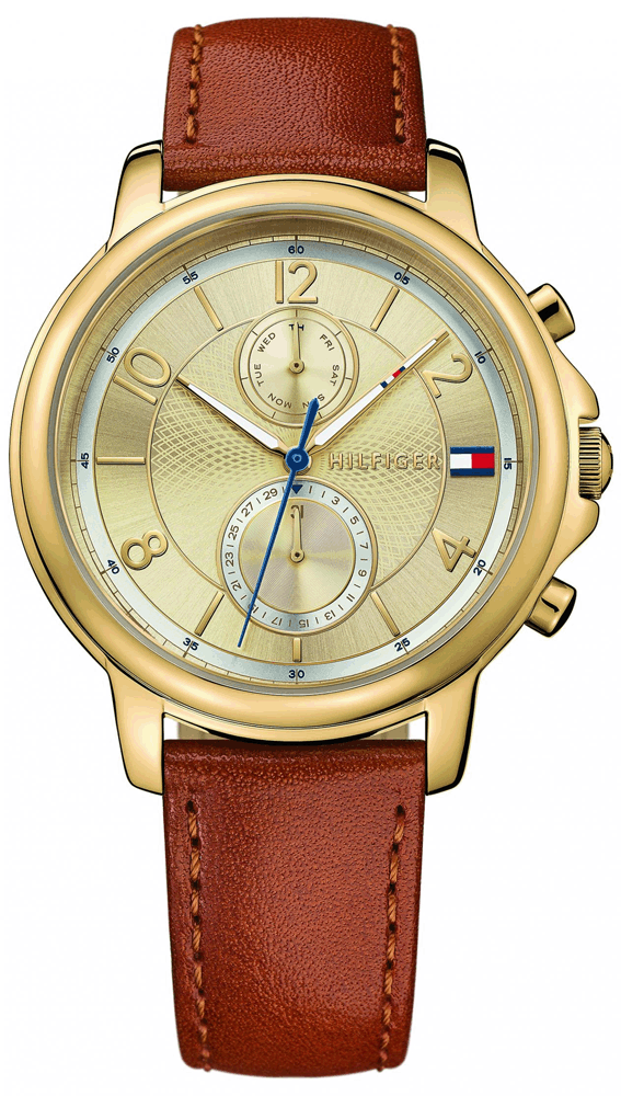 Tommy Hilfiger Claudia gold chronograph watch with cream dial and brown leather strap
