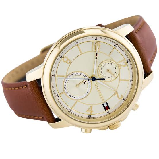 Tommy Hilfiger Claudia chronograph watch with brown leather strap displayed on side