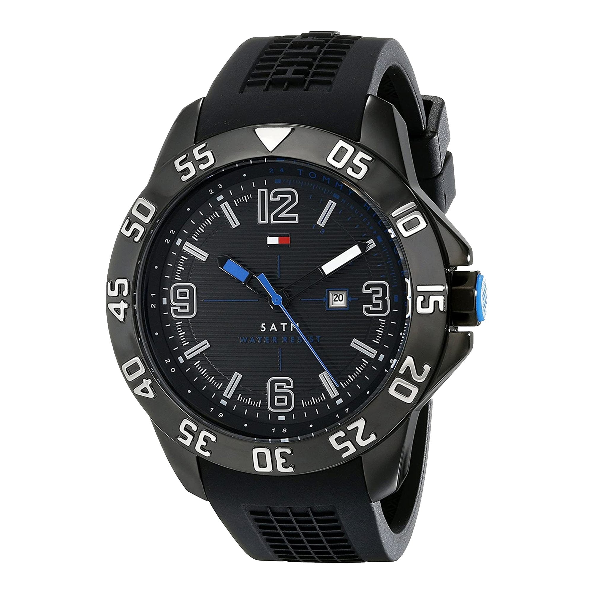 Tommy Hilfiger Cole watch angled view showing black case, bezel, and rubber strap