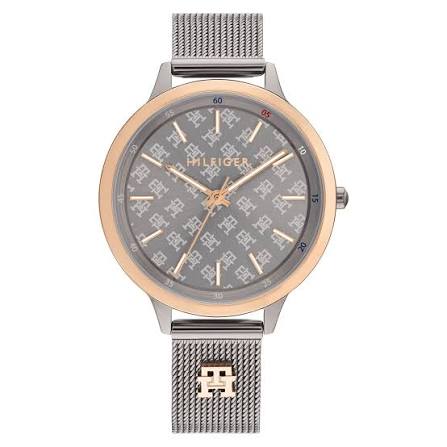 Tommy Hilfiger Damon men's watch with black dial, rose gold bezel, and stainless steel mesh bracelet