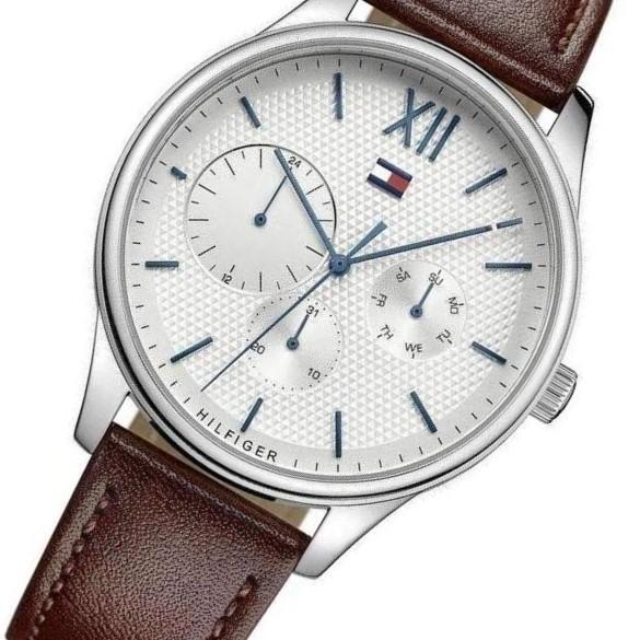 Angled view of Tommy Hilfiger Damon showing chronograph subdials and brown leather strap