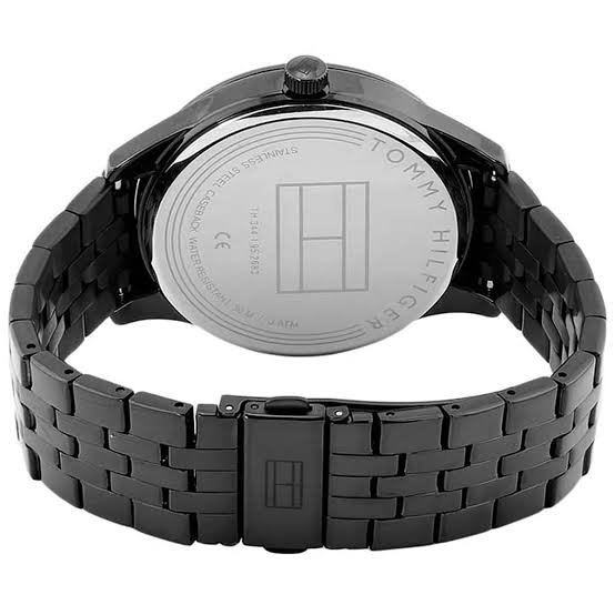 Caseback of Tommy Hilfiger Damon watch showing black steel back plate