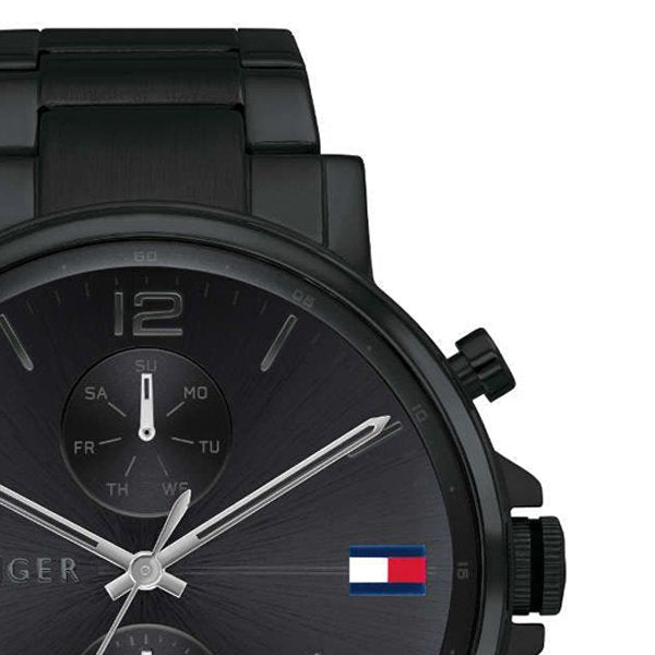 Tommy Hilfiger Daniel watch dial detail showing chronograph subdials and flag