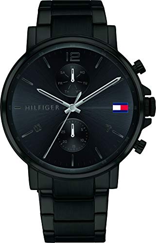 Tommy Hilfiger Daniel black steel chronograph watch front view with subdials