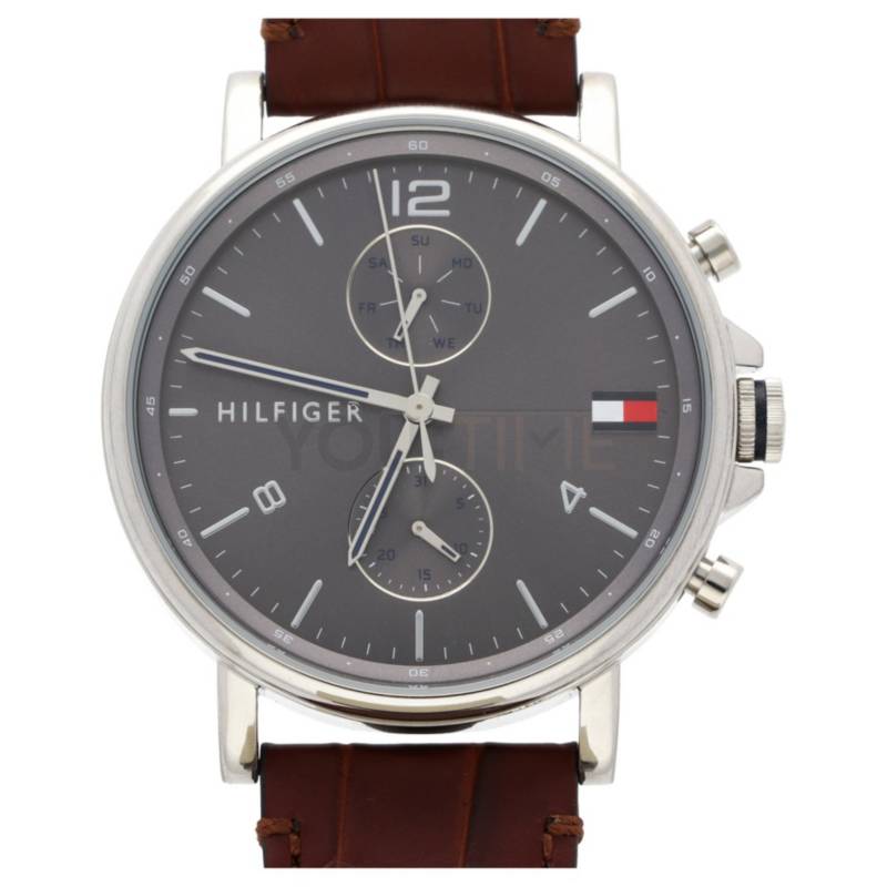 Tommy Hilfiger Daniel chronograph watch with grey sunburst dial and brown leather band