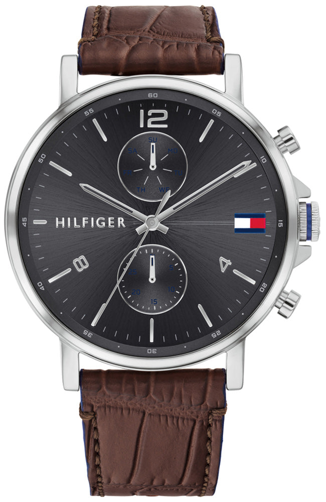 Tommy Hilfiger Daniel grey dial watch with brown leather strap and chronograph subdials