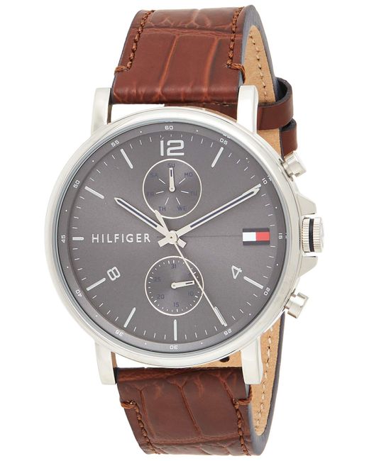 Side view of Tommy Hilfiger Daniel watch displaying brown crocodile-embossed leather strap