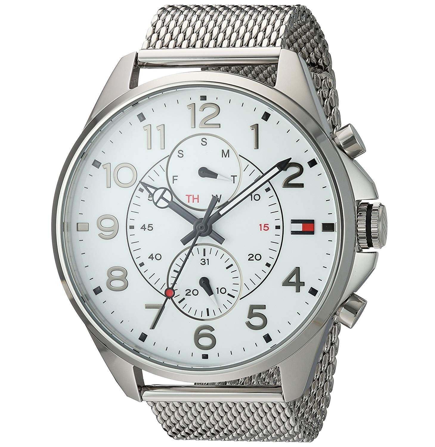 Tommy Hilfiger Dean chronograph men's watch silver mesh bracelet angled view showing white dial and subdials