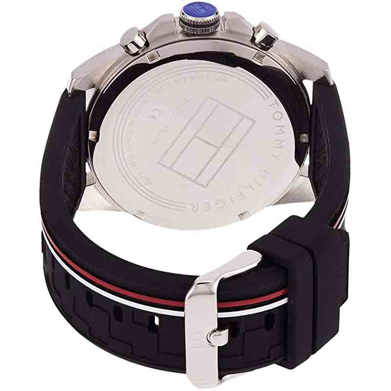 Tommy Hilfiger Decker watch caseback showing transparent crystal and chronograph mechanism