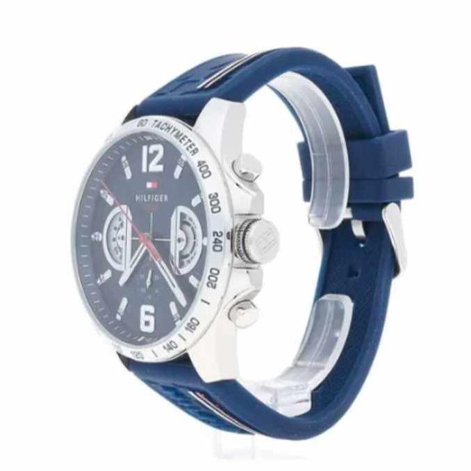Tommy Hilfiger Decker watch side angle view showing case profile and navy rubber strap