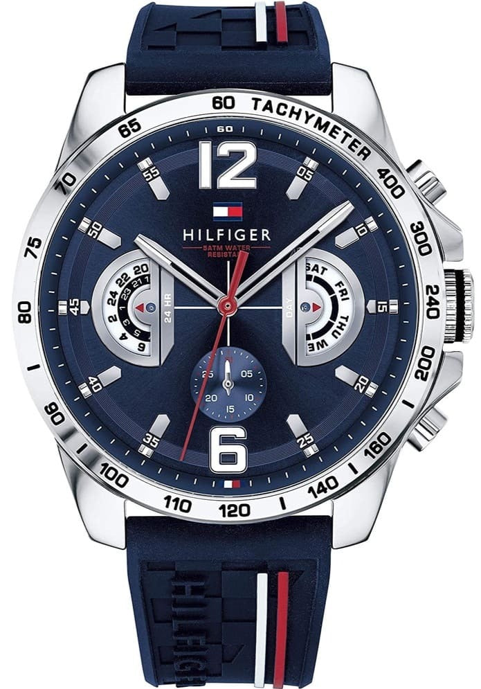 Tommy Hilfiger Decker blue dial chronograph watch with tachymeter bezel and navy rubber strap