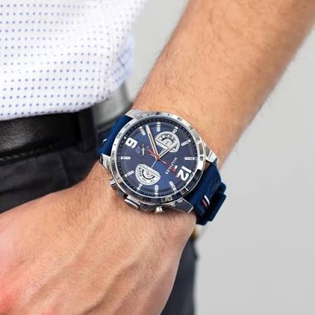 Tommy Hilfiger Decker chronograph watch worn on wrist with white dress shirt