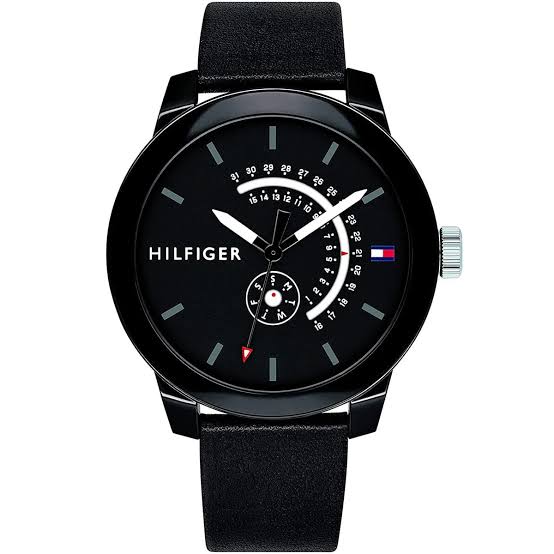 Tommy Hilfiger Denim men's watch with black dial and leather band front view