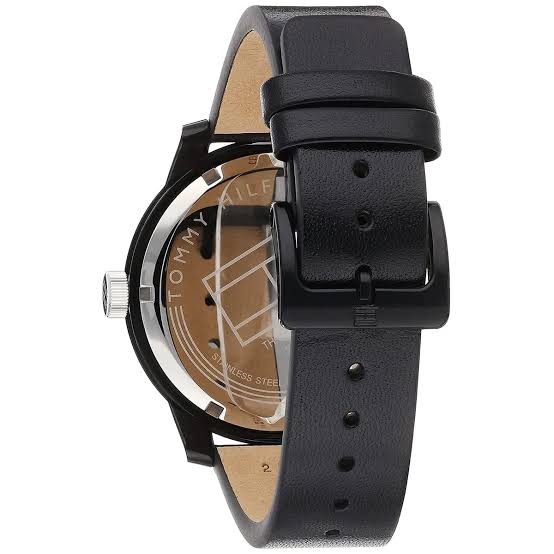 Tommy Hilfiger Denim watch side view displaying black leather band and caseback