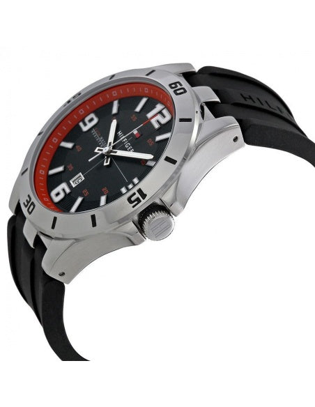 Tommy Hilfiger Drew watch side angle view showing silver case and black rubber strap