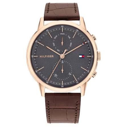 Tommy Hilfiger Easton men's watch with grey dial, rose gold case, and brown leather strap