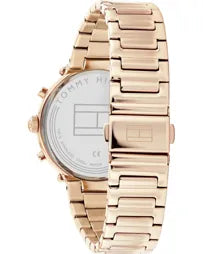 Case back view of Tommy Hilfiger Emery women's chronograph watch with rose gold stainless steel bracelet