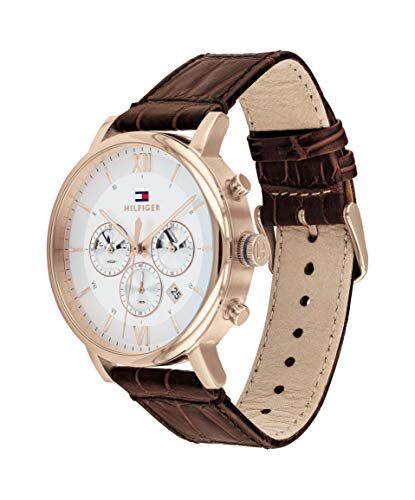 Tommy Hilfiger Evan watch side view showing brown crocodile leather strap and rose gold case