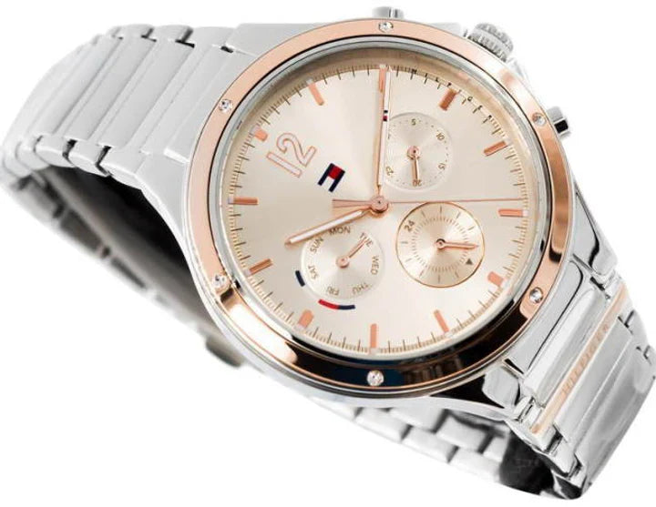 Tommy Hilfiger Eve chronograph women's watch with silver strap and cream dial with rose gold accents
