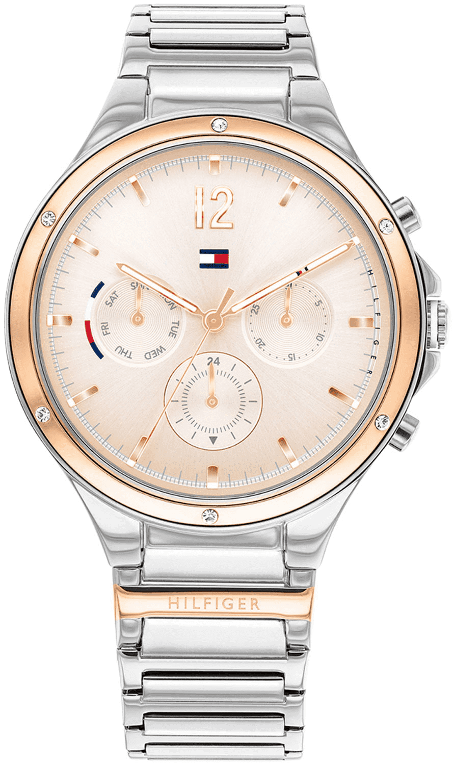 Tommy Hilfiger Eve chronograph watch with orange dial and black strap