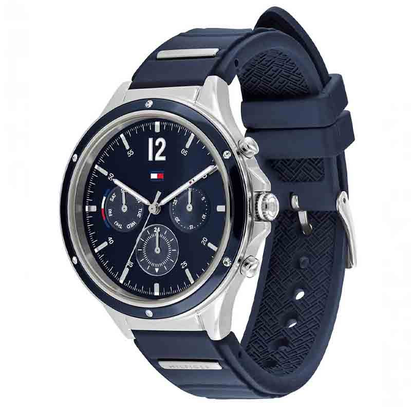Tommy Hilfiger Eve chronograph watch worn on wrist showing navy strap