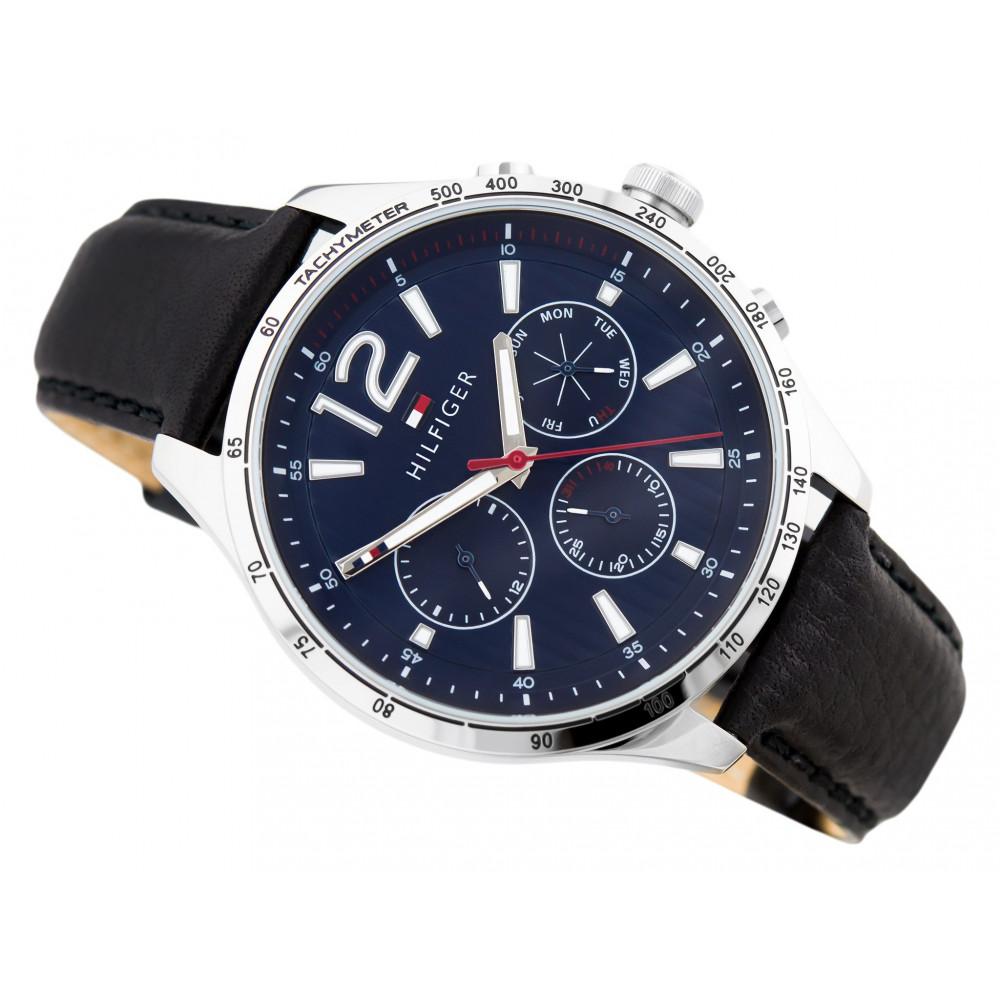 Gavin chronograph watch three-quarter view with blue dial, chronograph subdials and tonal strap