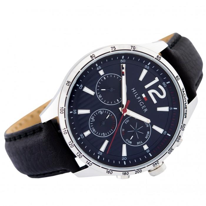 Gavin chronograph watch at angle showing blue dial, three subdials and tapered black leather strap