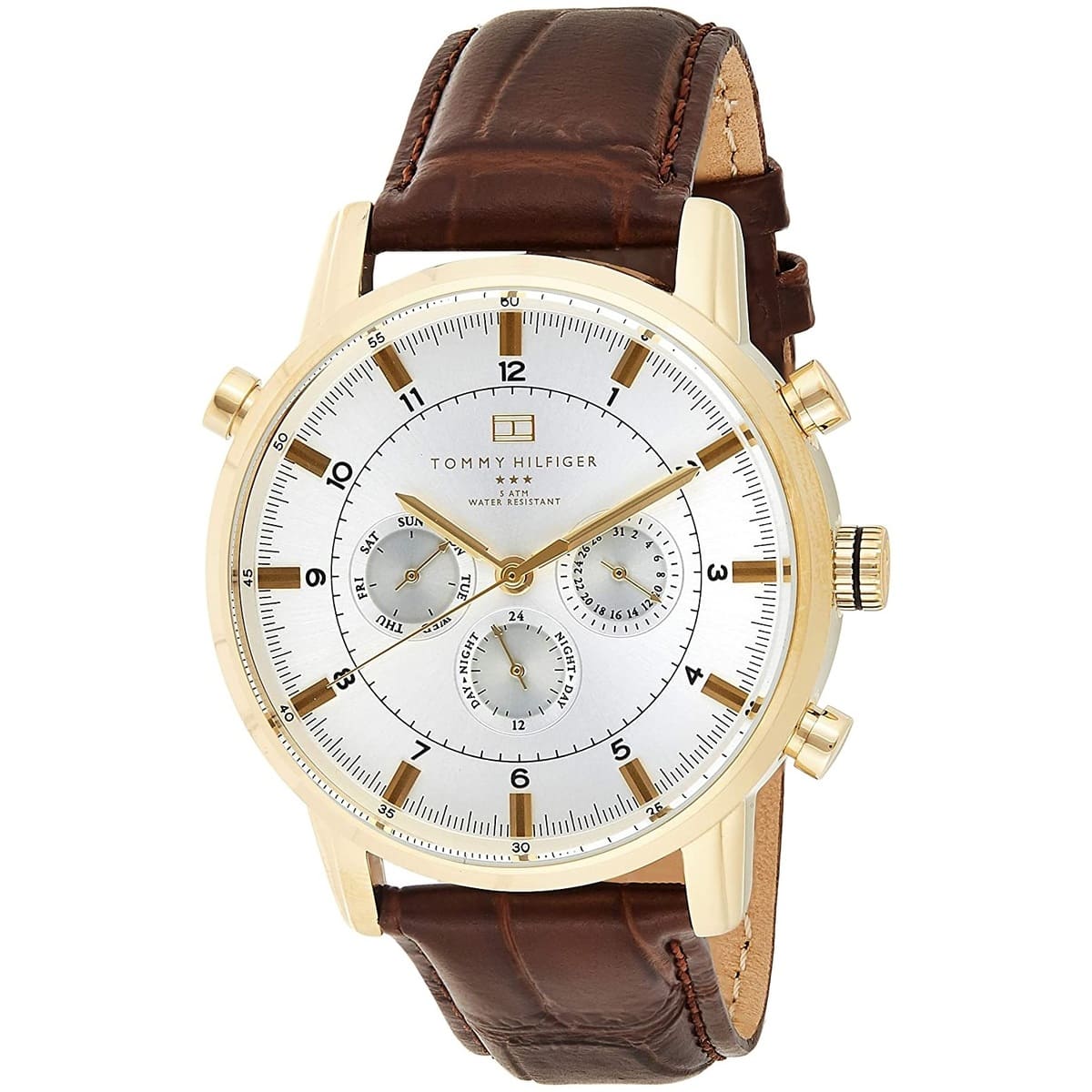 Tommy Hilfiger GMT gold-plated men's watch with white dial, chronograph subdials, and brown leather strap