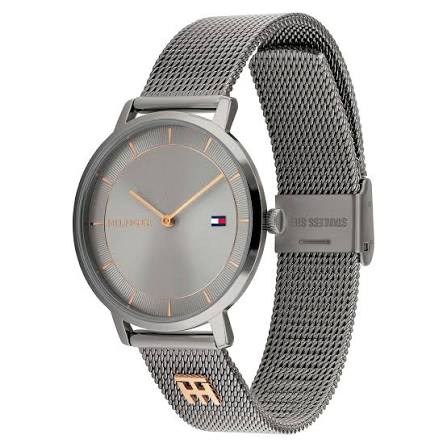 Tommy Hilfiger grey mesh watch at angle showing stainless steel mesh strap