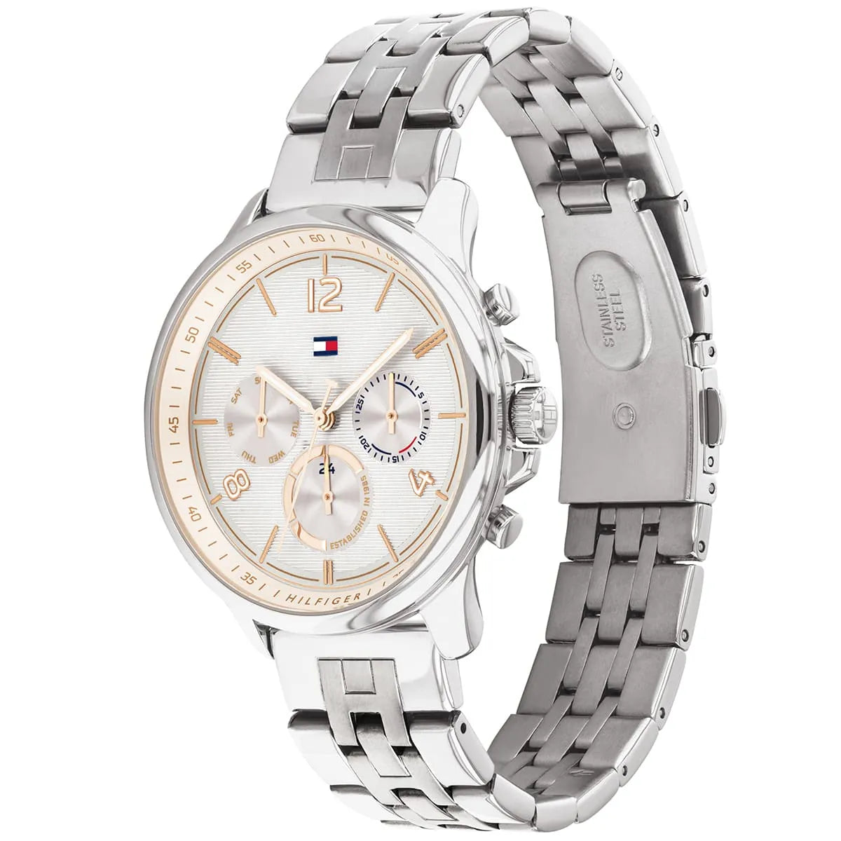 Side angle view of Tommy Hilfiger Harper watch showing stainless steel bracelet and caseback