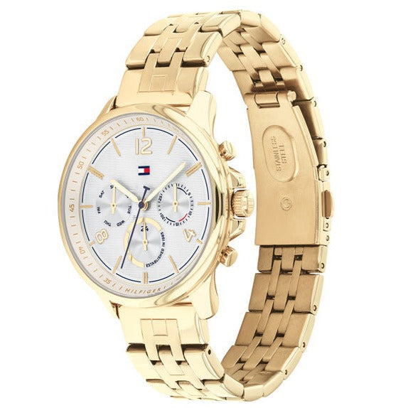 Tommy Hilfiger Harper chronograph watch side view showing gold steel bracelet and case