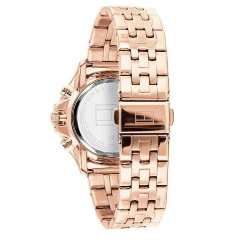 Case back view of Tommy Hilfiger Harper watch showing transparent caseback
