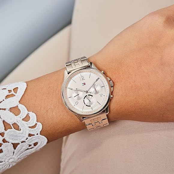 Tommy Hilfiger Harper multifunction watch on wrist showing chronograph subdials and rose gold finish