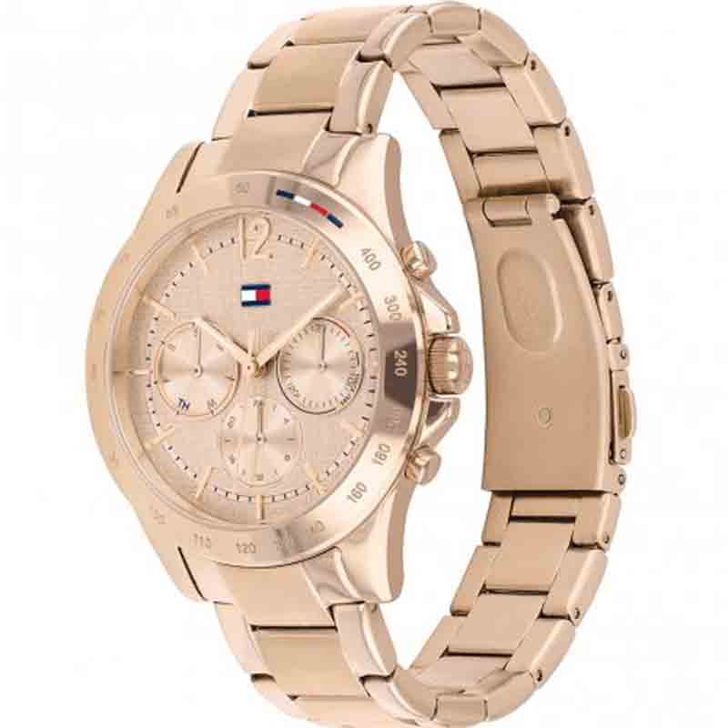 Tommy Hilfiger Haven rose gold watch angled view showing chronograph subdials and stainless steel bracelet