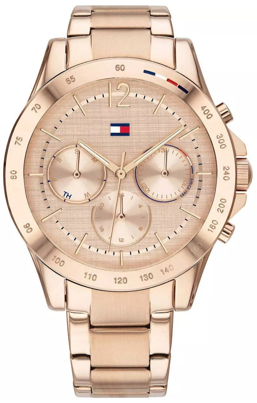 Tommy Hilfiger Haven rose gold stainless steel chronograph watch with three subdials and Tommy flag logo