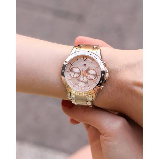 Tommy Hilfiger Haven rose gold chronograph watch worn on wrist showing rose gold stainless steel band
