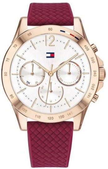 Tommy Hilfiger HAVEN women's white dial chronograph watch with rose gold case and burgundy strap
