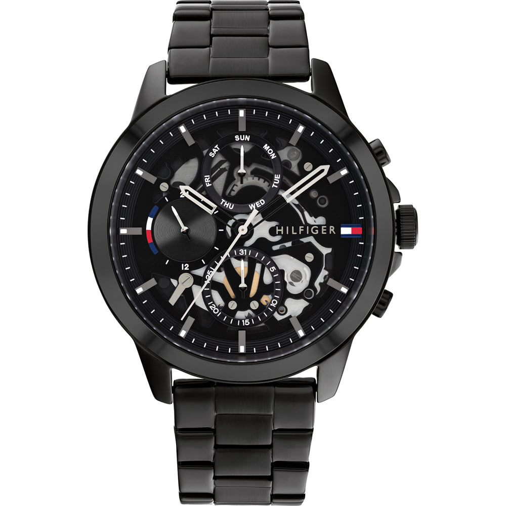 Front view of Tommy Hilfiger Henry chronograph with visible black skeleton movement