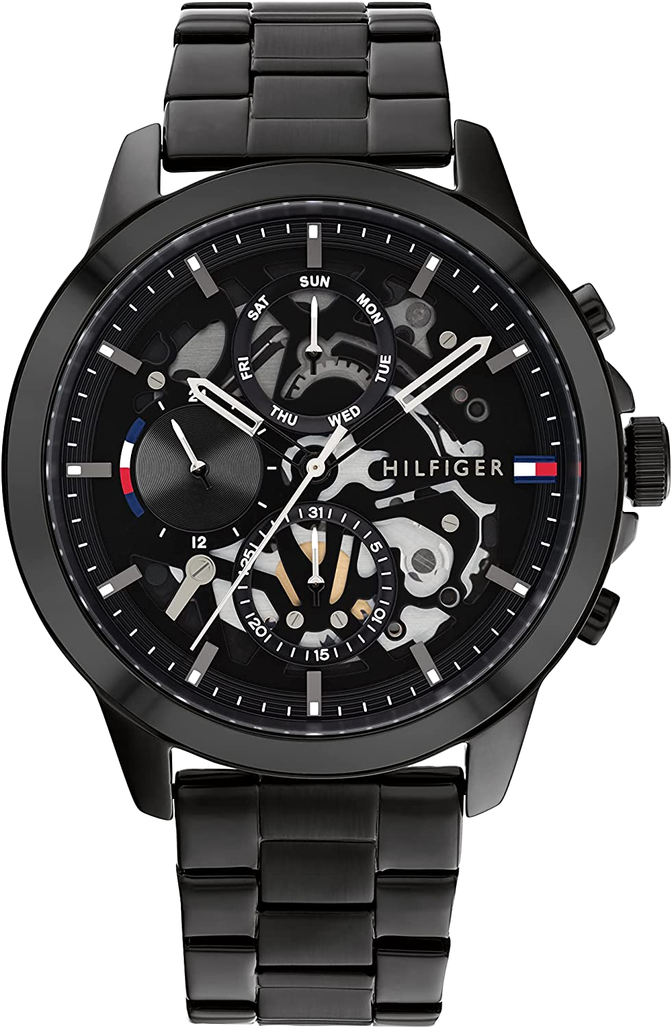 Tommy Hilfiger Henry black skeleton dial chronograph watch with black steel bracelet