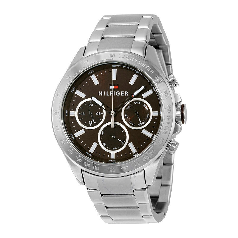 Tommy Hilfiger Hudson multifunction watch at angle showing chronograph subdials and stainless steel case