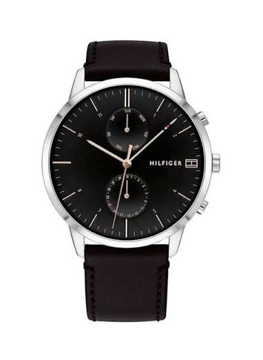 Tommy Hilfiger Hunter chronograph watch with black dial, silver case, and black leather strap