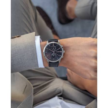 Tommy Hilfiger Hunter watch worn on wrist with black leather strap