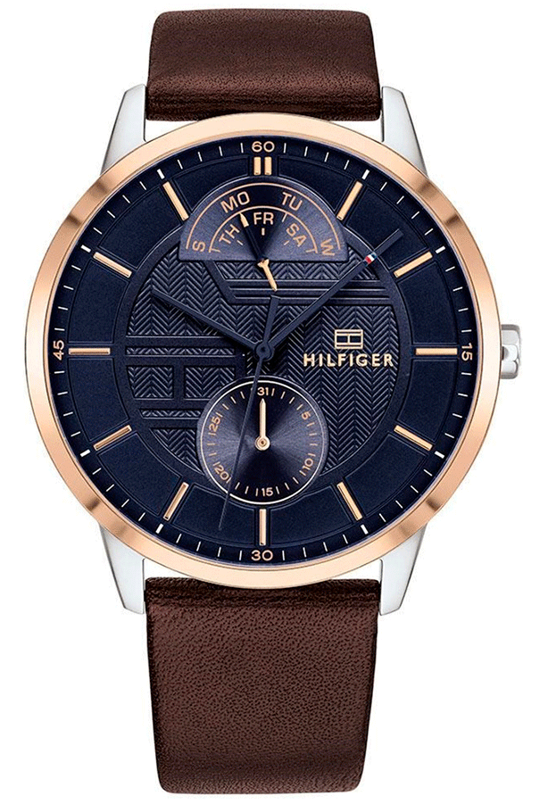 Tommy Hilfiger Hunter watch front view with navy dial, rose gold bezel, and brown leather strap
