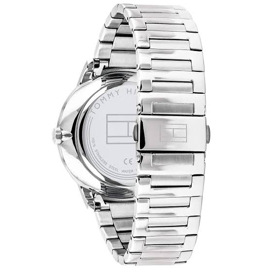 Tommy Hilfiger Hunter watch caseback and side profile showing stainless steel bracelet