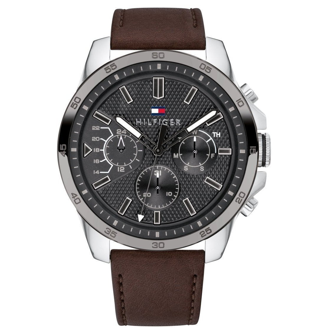 Tommy Hilfiger Iconic men's watch with stainless steel case, black textured dial, and brown leather strap