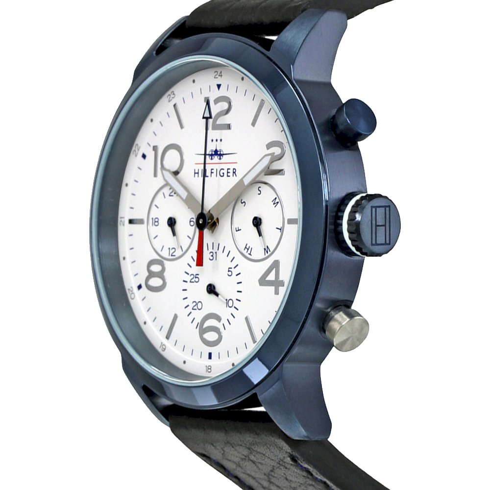 Side angle view of Tommy Hilfiger Jake watch showing navy blue case and black leather strap