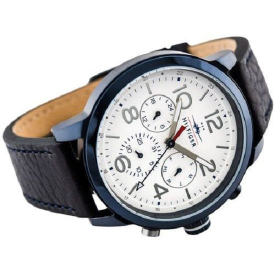 Tommy Hilfiger Jake chronograph watch worn on wrist with black leather strap visible